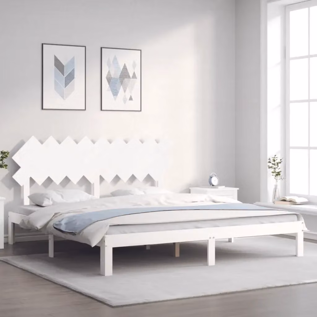 Letto matrimoniale in legno massello di pino bianco con testiera, stile rustico, L/P/H: 183.5 x 203.5 x 80.5 cm – 2