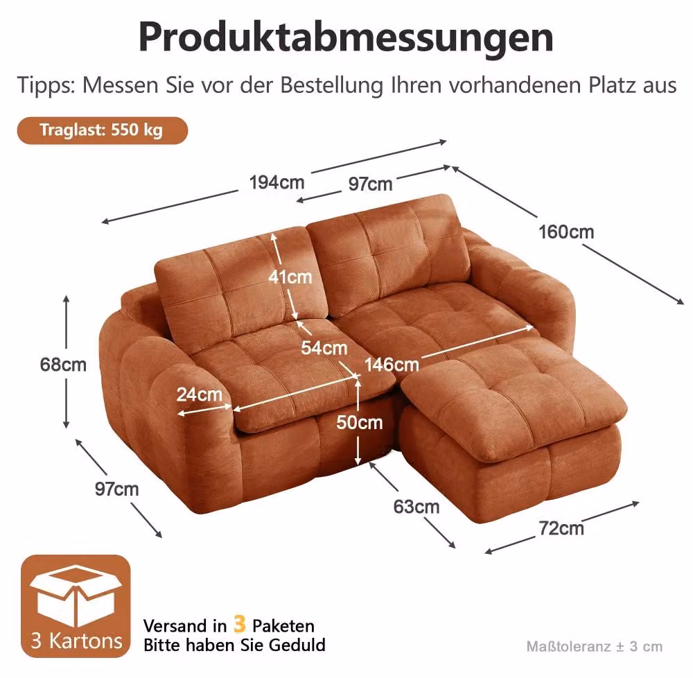 Divano modulare a due posti - Stile moderno - Tessuto in chenille - Design quadrato con effetto trapuntato - Imbottitura in schiuma ad alta densità (32D) - Seduta profonda - 2 poggiapiedi arancioni