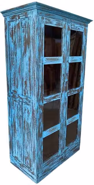 Vetrina artigianale in legno WANDERLUST DECO con ante in vetro e finitura blu stile rustico L: 100-110 cm, P: 40-45 cm, H: 170-180 cm – 1