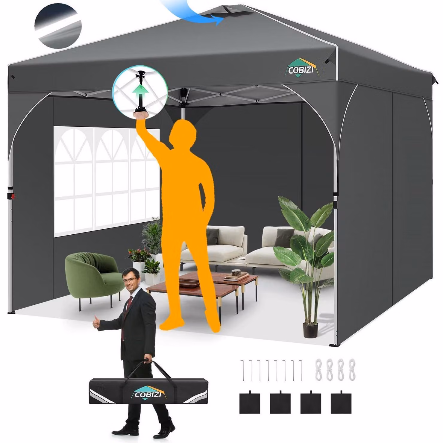 Gazebo da esterno 3x3 metri, grigio, impermeabile, con protezione UV 50+, dotato di 3 pannelli laterali e sistema di chiusura centrale