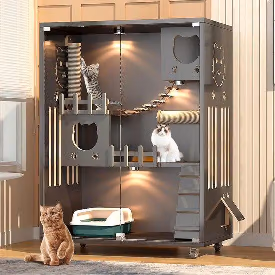 Casetta per gatti in legno 90x60x125 cm con ruote e lampada a LED, resistente alle intemperie invernali