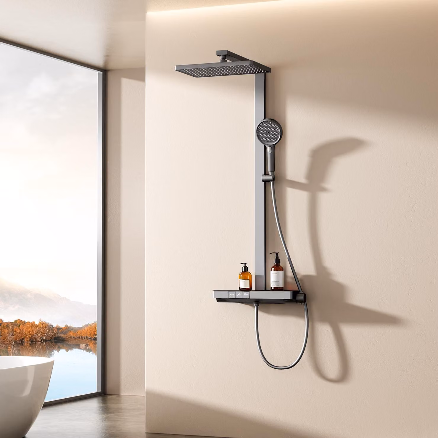 Sistema doccia EMKE con termostato, pannello doccia, doccia a pioggia 36x24cm, rubinetteria 3 in 1 per vasca e doccia per il vostro bagno moderno, KTW, antracite opaco