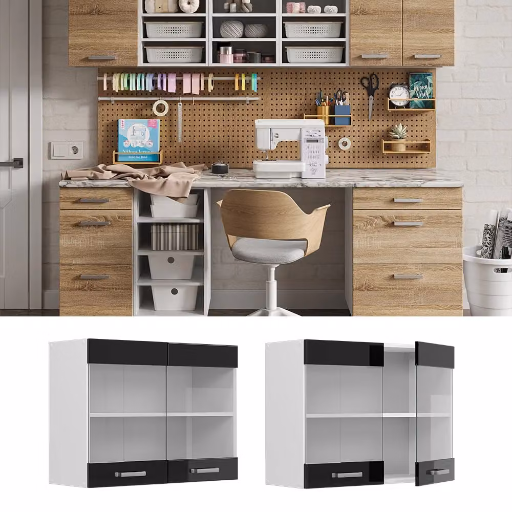 Pensile da cucina universale Vicco R-Line nero lucido con ante in vetro L: 80 cm, H: 60 cm, P: 31 cm – 2