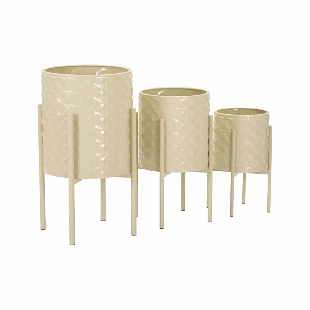 Set di 3 portavasi Cisterna DMORA, design moderno in ceramica e metallo, colore beige, L/P/H: 36 x 36 x 57 cm – 2