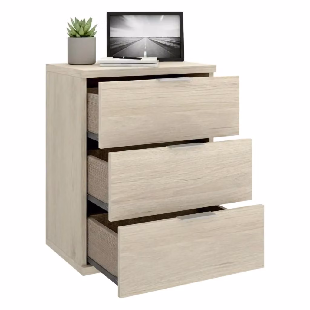 Comodino Sturgis con 3 cassetti in legno e metallo, colore marrone rovere e beige, L: 34 cm, P: 42 cm, H: 57 cm – 2