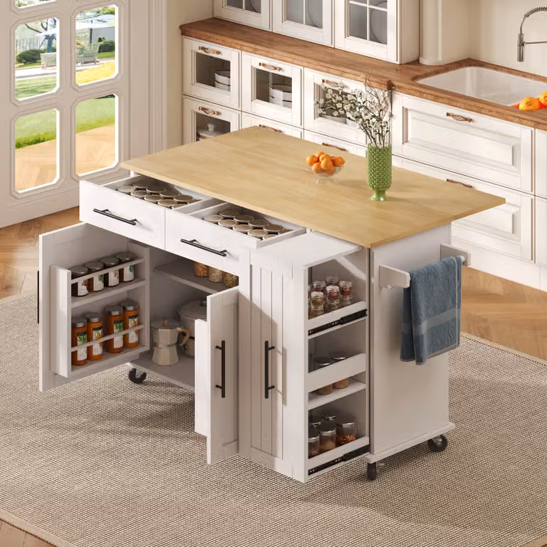 Credenza okwish con piano di lavoro ribaltabile, mobile da cucina con ripiano estraibile a 3 livelli, isola da cucina con portasciugamani e 2 cassetti Bianco