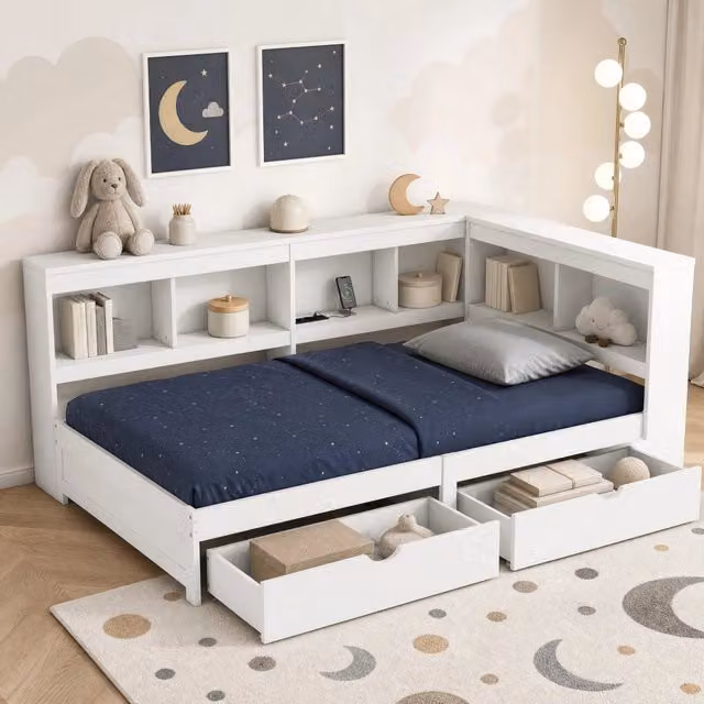 Letto giorno 90x200 cm con divano letto, 2 cassetti integrati, presa elettrica e 2 porte USB, struttura in truciolato bianco senza materasso