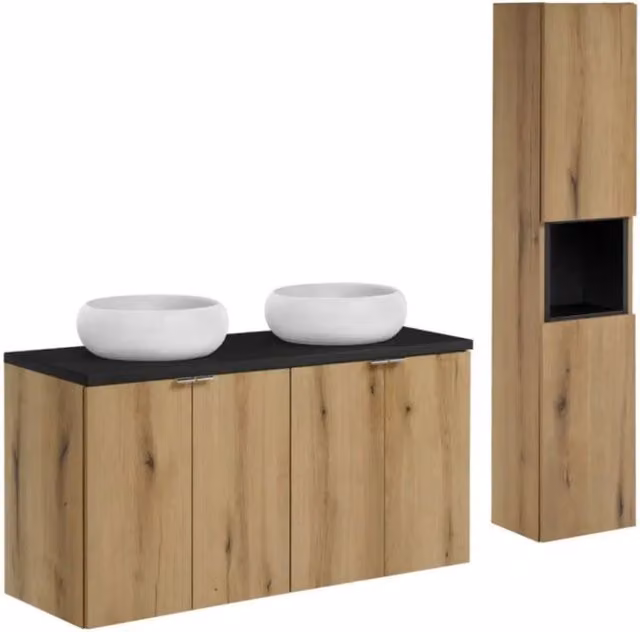 Set VANO finitura quercia e nero 150cm: mobile sottolavabo con ante + piano per lavabo + lavabi da appoggio rotondi + colonna