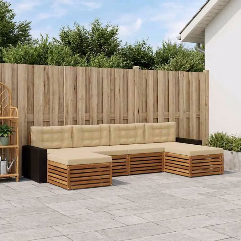 Set di divani da esterno vidaXL a forma di L composto da 6 pezzi in legno di acacia massello con cuscini beige e marroni