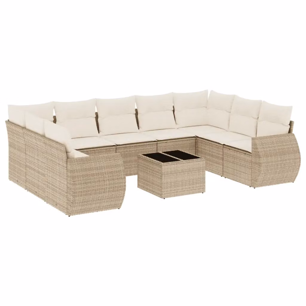 vidaXL Set Divano da Giardino 10 pz a Forma di L con Cuscini Beige e Tavolino in Polyrattan e Acciaio – 2