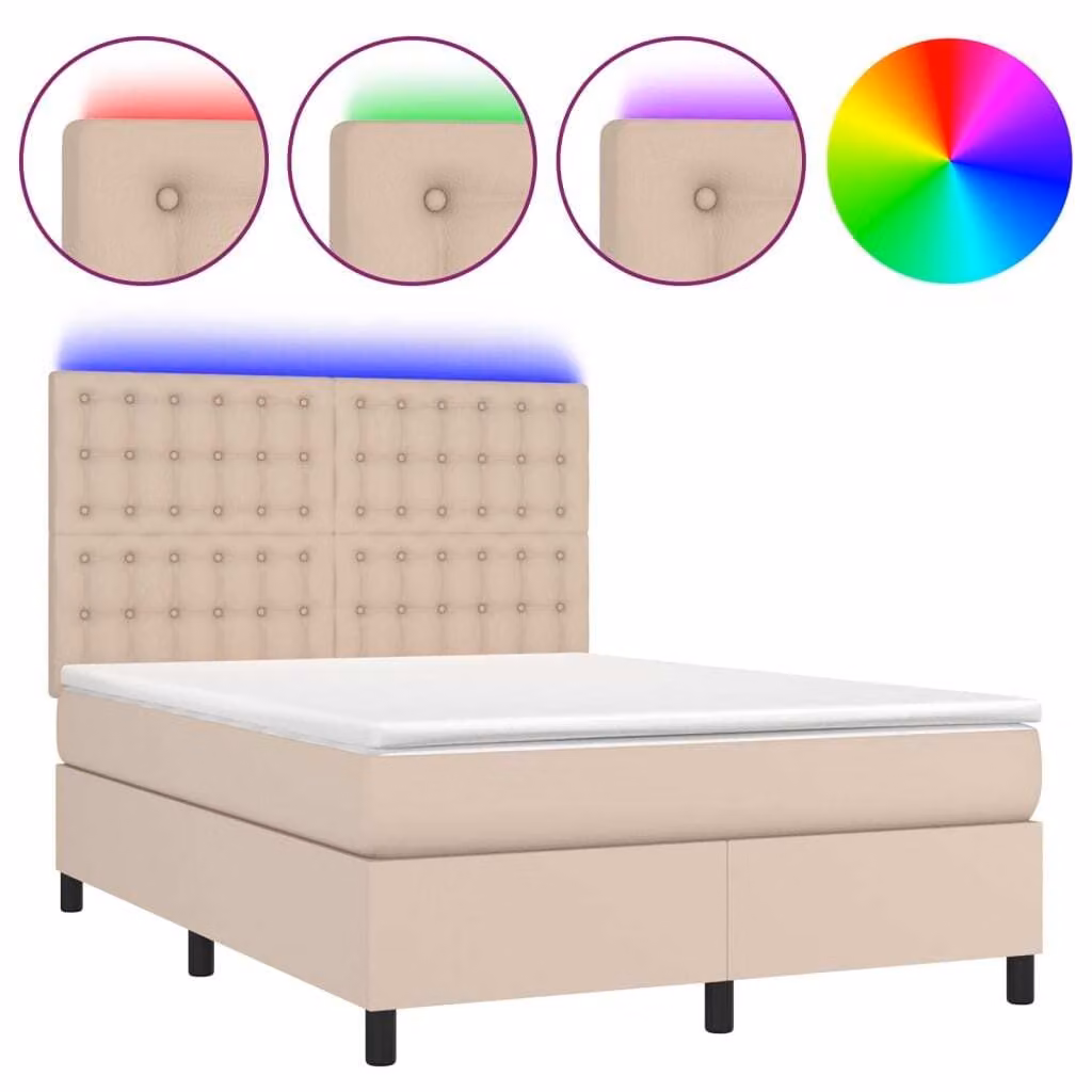 Giroletto Molle Materasso e LED Cappuccino 140x190cm Pelle finta