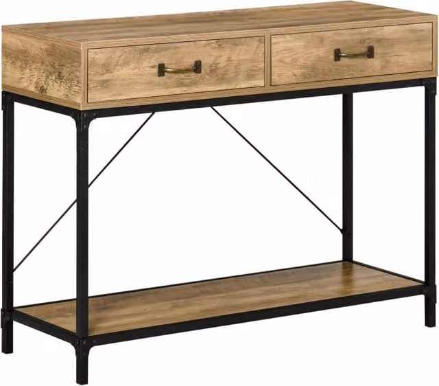 Tavolo consolle da ingresso stile industriale XYLO con 2 cassetti in legno effetto naturale e metallo, L: 100 cm, P: 35 cm, H: 76 cm – 1