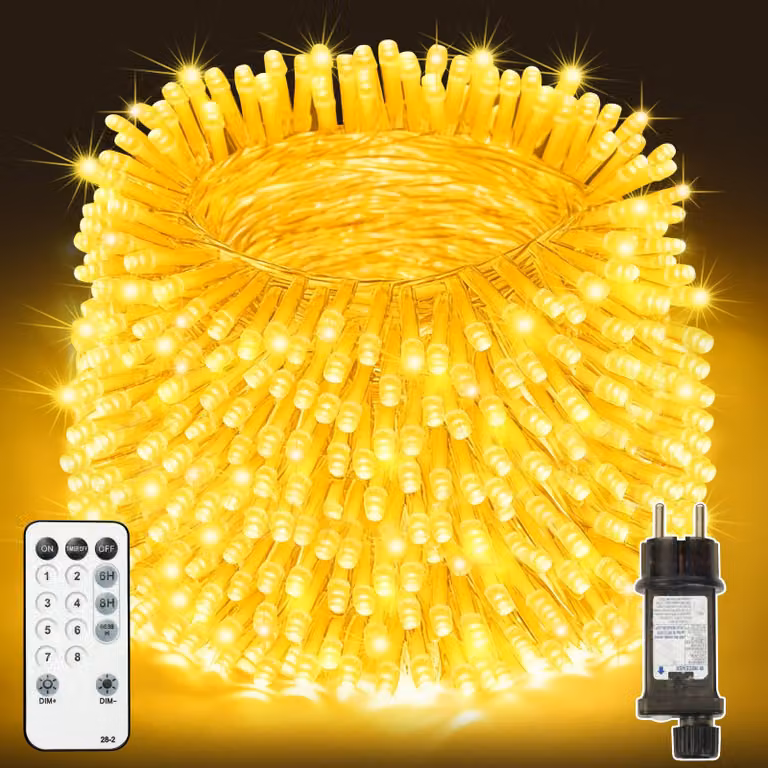 Catena luminosa da 20 metri, con 200 LED, luce bianco caldo, grado di protezione IP44, telecomando e timer