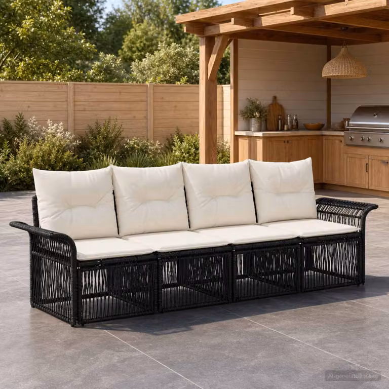 Set Divano da Giardino Moderno vidaXL in Polyrattan Nero con Cuscini Imbottiti e Struttura in Acciaio Verniciato a Polvere