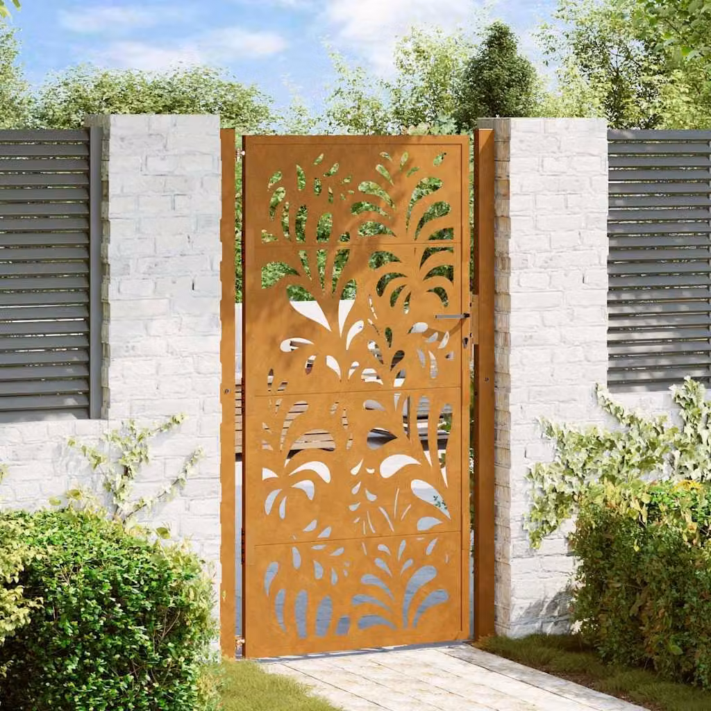 Cancello singolo da giardino vidaXL in acciaio corten marrone con design ondulato L: 110 cm, H: 205 cm