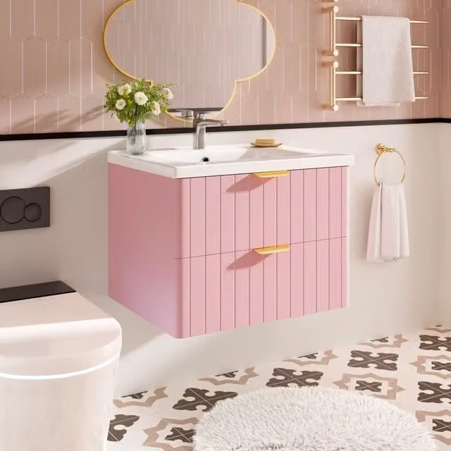 Mobile sottolavabo sospeso con lavabo in ceramica a 2 livelli in MDF rosa e bianco 28,3 kg