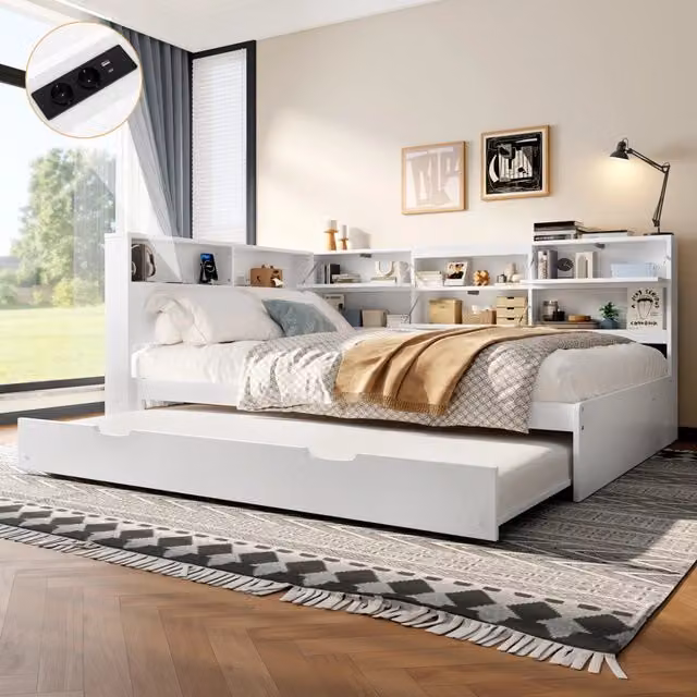 Daybed con letto estraibile 140×200 cm in pino bianco, testiera contenitore, prese USB e Type-C, senza materasso
