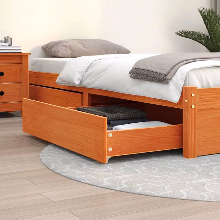 Set di 2 cassetti per letto vidaXL in legno massello di pino, colore marrone cera, L: 103 cm, P: 95 cm, H: 18 cm