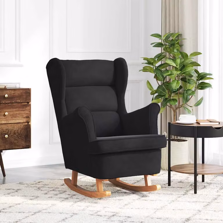 Sedia a dondolo moderna vidaXL in legno e tessuto nero con braccioli L/P/H: 92 x 71 x 100 cm
