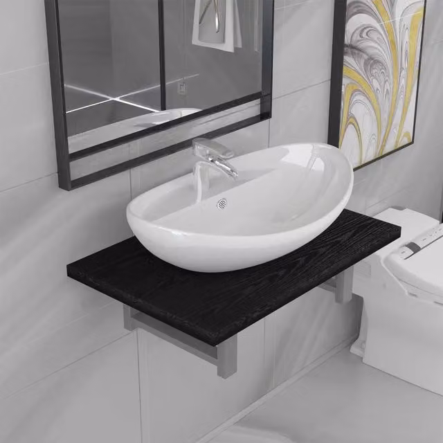 Set di mobili da bagno moderno vidaXL in ceramica e legno nero e bianco, composto da mobile lavabo e pensile a parete