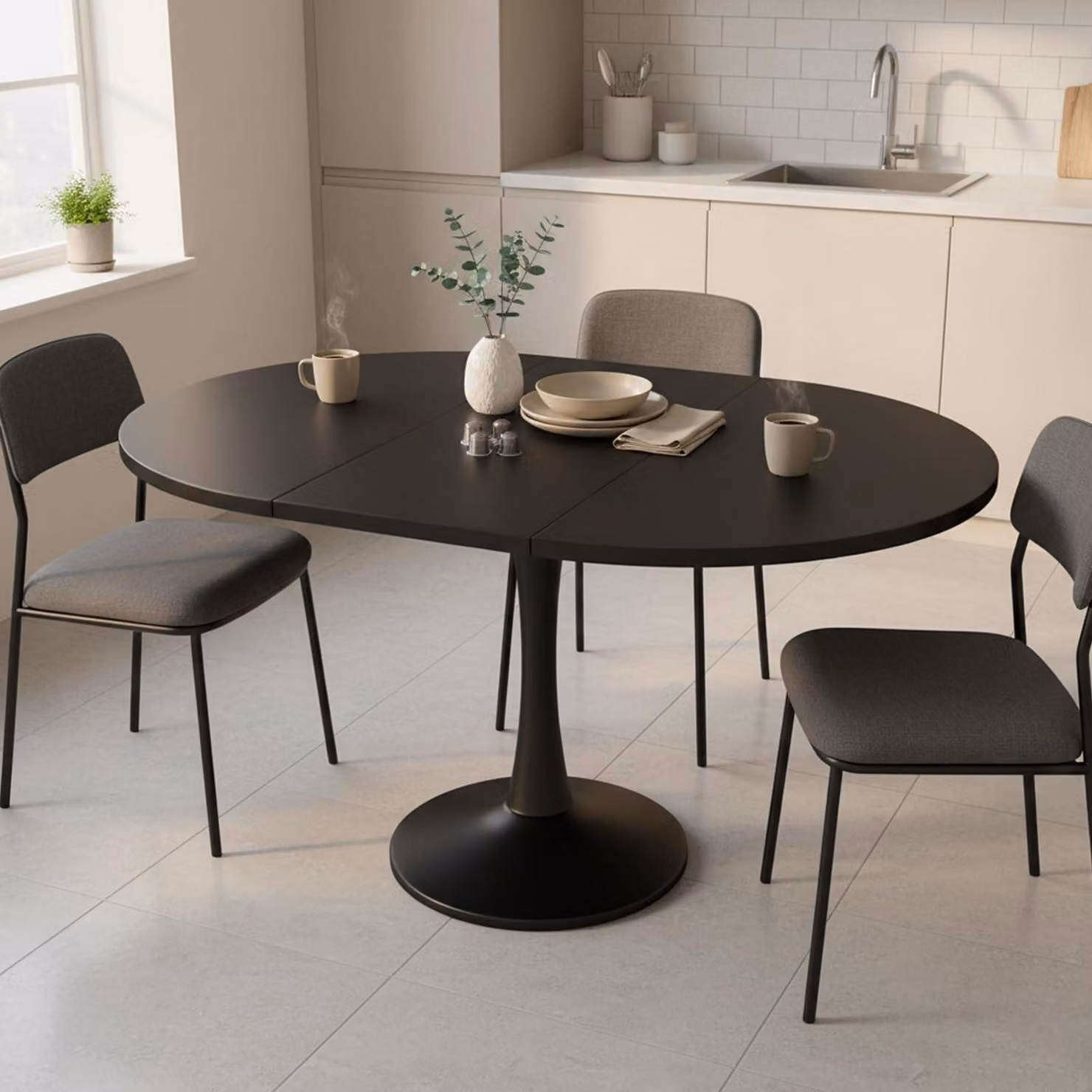 Tavolo da pranzo estendibile, rotondo, nero, dimensioni 100/140x100x75 cm, per 2-6 persone
