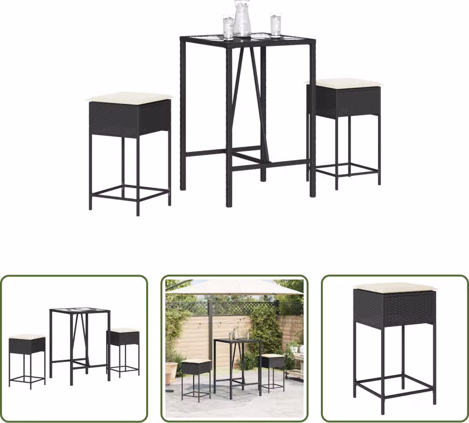 The Living Store Set da bar da giardino in 3 pezzi con cuscini in rattan polivalente nero