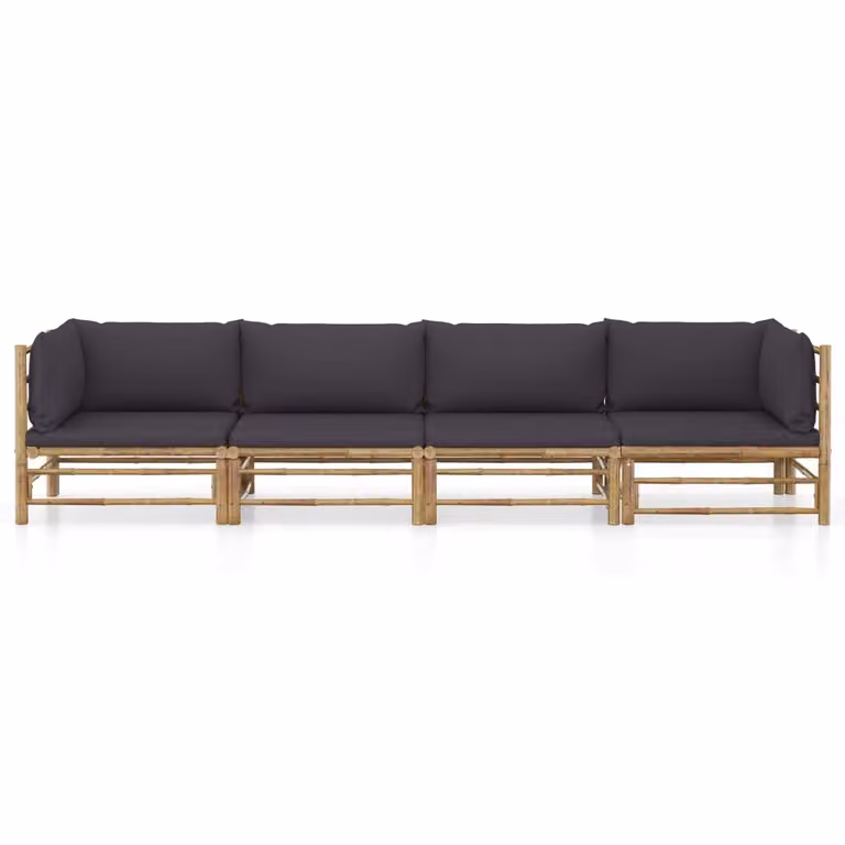 Set Divani da Giardino 4 pz con Cuscini Grigio Scuro in Bambù