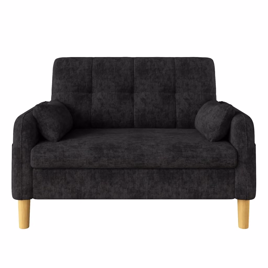 Divano 2 posti Minimal Grigio in tessuto chenille con cuscini e tasche portaoggetti – 2