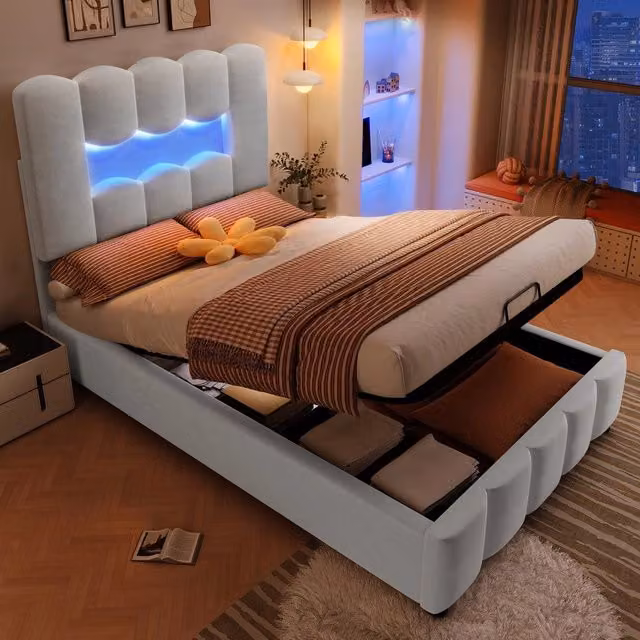 Letto Imbottito Singolo con LED e Contenitore ¨C MINIMAL ¨C Velluto Grigio 90x200