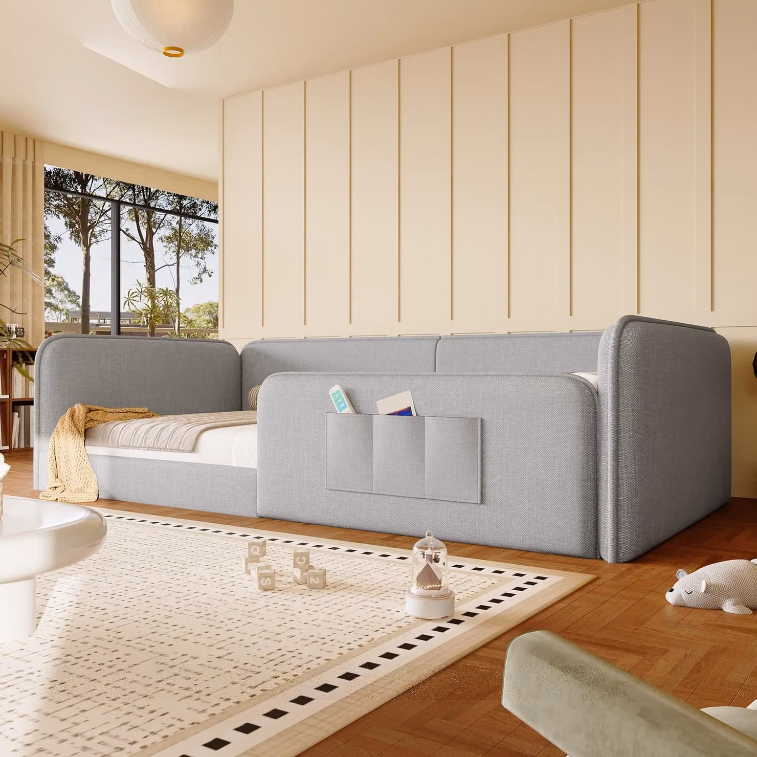 Letto a piattaforma 90x200, rivestito in lino, imbottitura in schiuma, struttura di sicurezza perimetrale (grigio)