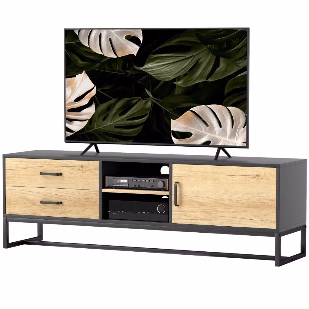 Mobile TV XYLO in legno naturale marrone con 2 cassetti e ante per schermi fino a 60 pollici L: 140 cm, P: 35 cm, H: 45 cm – 2