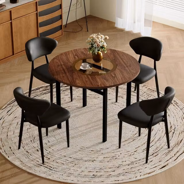 Set da pranzo moderno con tavolo rotondo in MDF effetto legno da 100 cm e 4 sedie nere in PU ergonomiche