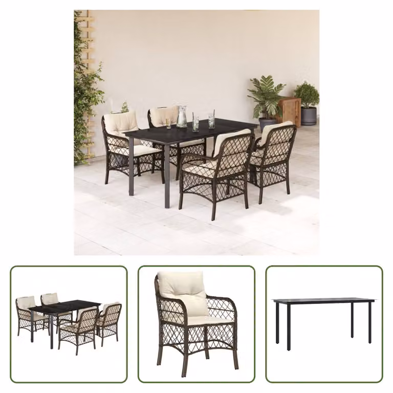 The Living Store Set da pranzo da giardino 5 pezzi con cuscini in polirattan marrone