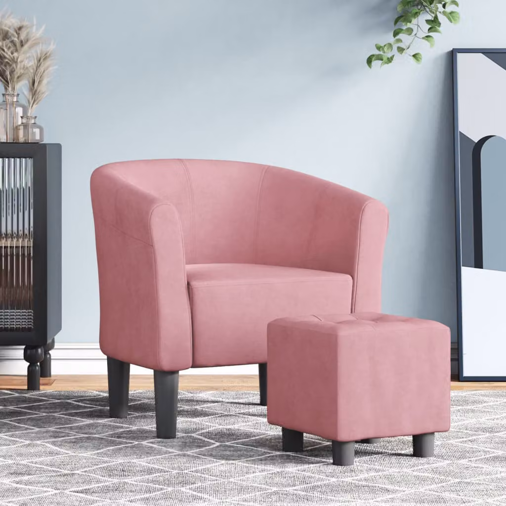 vidaXL Poltrona Cabriolet con Poggiapiedi in Velluto Rosa e Struttura in Legno e Plastica