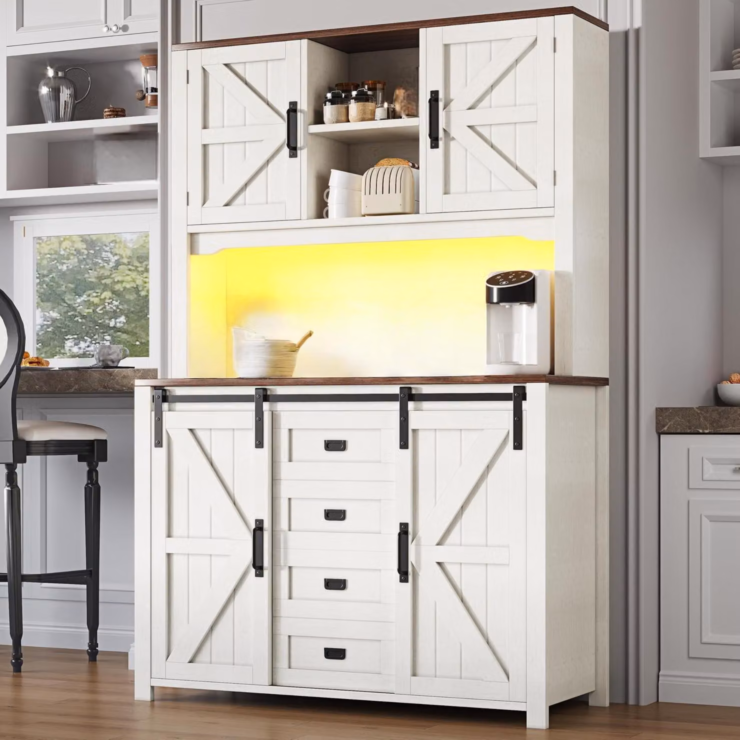 Mobiletto da cucina/credenza, altezza 174,7 cm, bianco, con illuminazione a LED e 2 cassetti