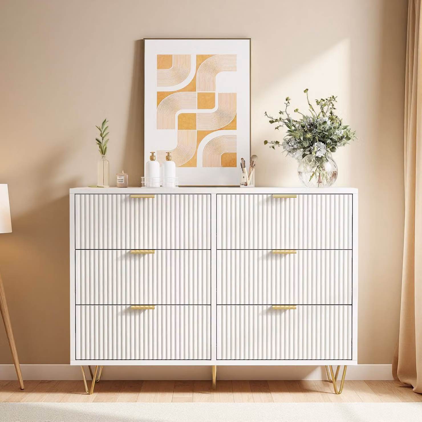 Comodino INONEFT con 6 cassetti, mobile contenitore con ampio spazio di archiviazione, adatto per camera da letto e soggiorno, 34x100x73 cm, bianco