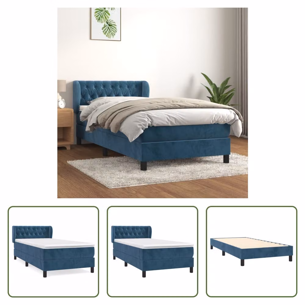 The Living Store Letto a molle con materasso blu scuro 100x200 cm in velluto