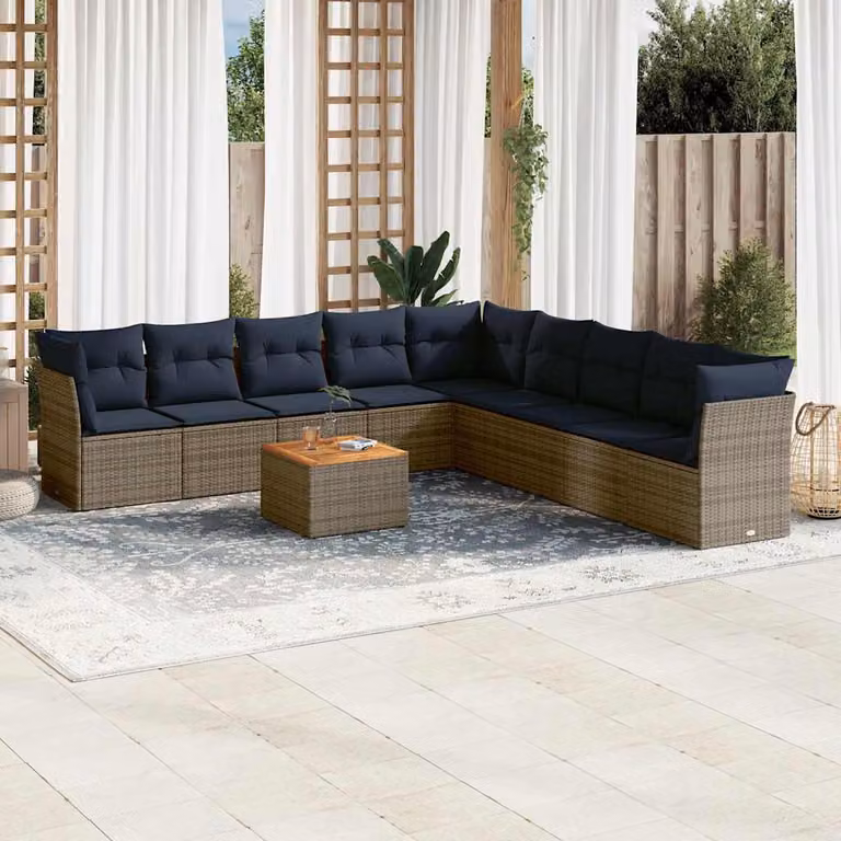 Set di divani da giardino vidaXL in polyrattan con cuscini grigi e tavolino da esterno, design moderno a forma di L per terrazza e giardino