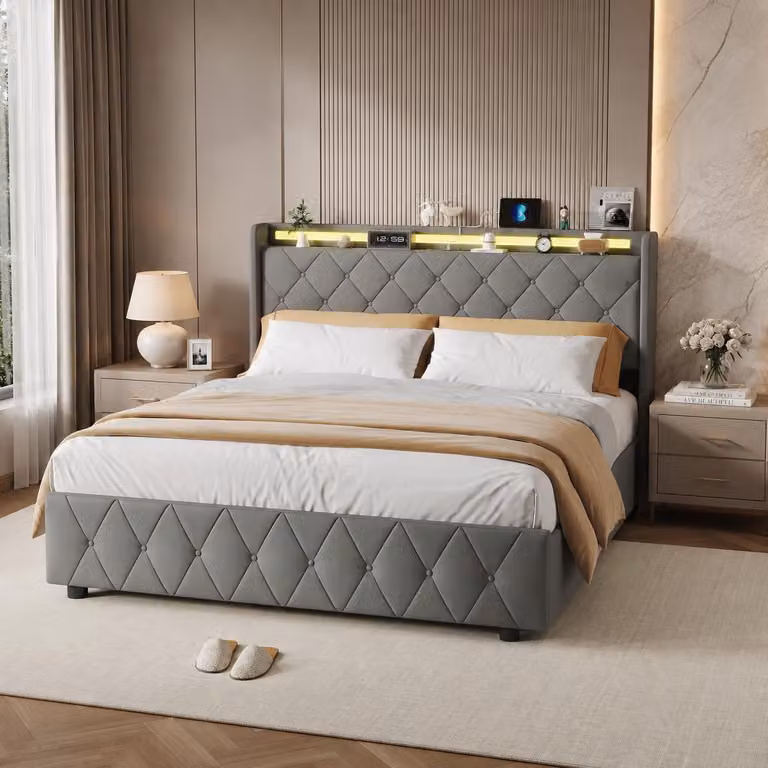 Letto imbottito INONEFT, 140x200 cm, con illuminazione LED e prese USB, letto singolo con 4 cassetti, letto per ragazzi con spazio contenitivo nella testiera, in flanella, colore grigio