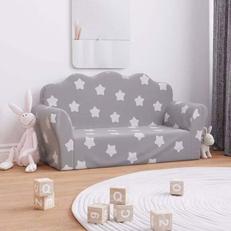 vidaXL Divano per bambini a 2 posti in peluche morbido con motivo a pois, Grigio Chiaro, L: 94 cm, P: 48 cm, H: 34 cm