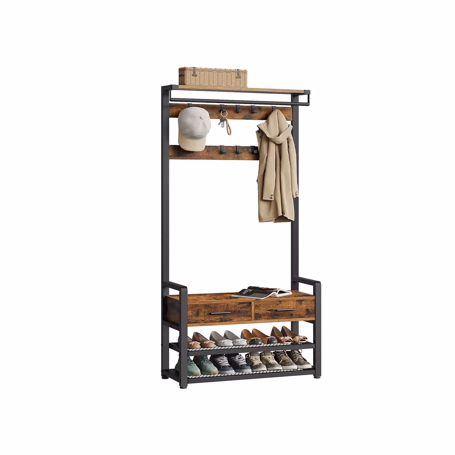 Appendiabiti da Ingresso 30 x 80,4 x 181,6 cm, Marrone Vintage + Nero Inchiostro