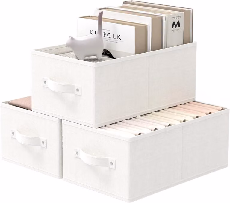 Set di contenitori per la conservazione, composto da 3 pezzi, dimensioni 13 x 23 x 14 cm, realizzati in pile, con maniglie per una migliore organizzazione