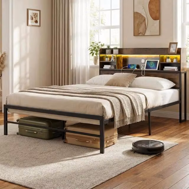 Letto Matrimoniale Costway in Stile Industriale con Testiera, Luci LED, Porte USB e Ripiani Portaoggetti, L/P: 140 x 200 cm, Colore Nero e Marrone – 1