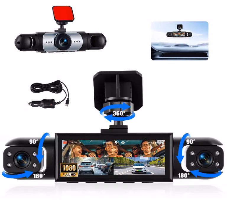 Dashcam per auto da 3,16 pollici, risoluzione 1080P, con visione a 360° grazie a 3 telecamere