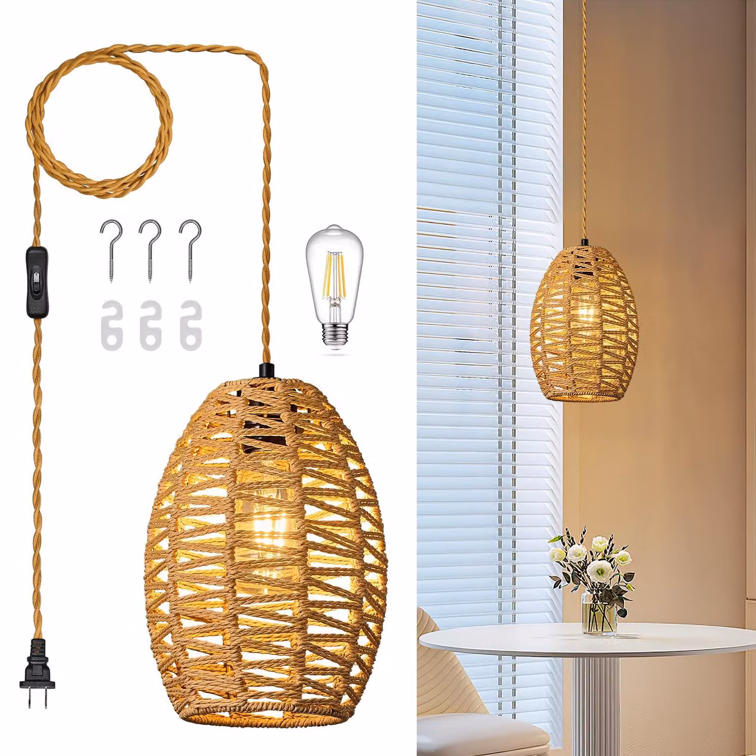 Lampada a sospensione in rattan, attacco E27, color marrone, con altezza regolabile, confezione singola