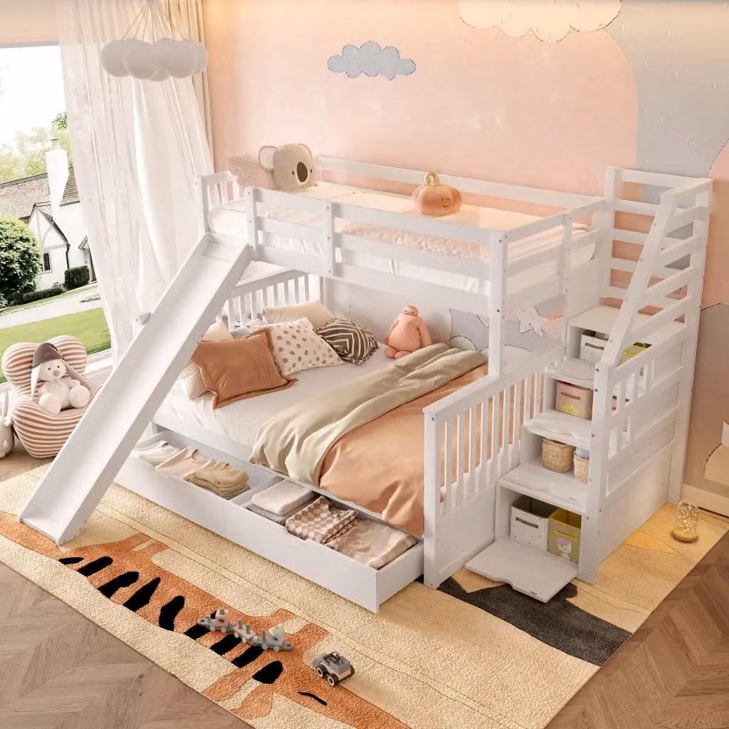 Letto a castello REDOM per bambini con scivolo, cassetti e struttura a casetta, Bianco, L/P/H: 238.5 x 90/140 x 200 cm – 2