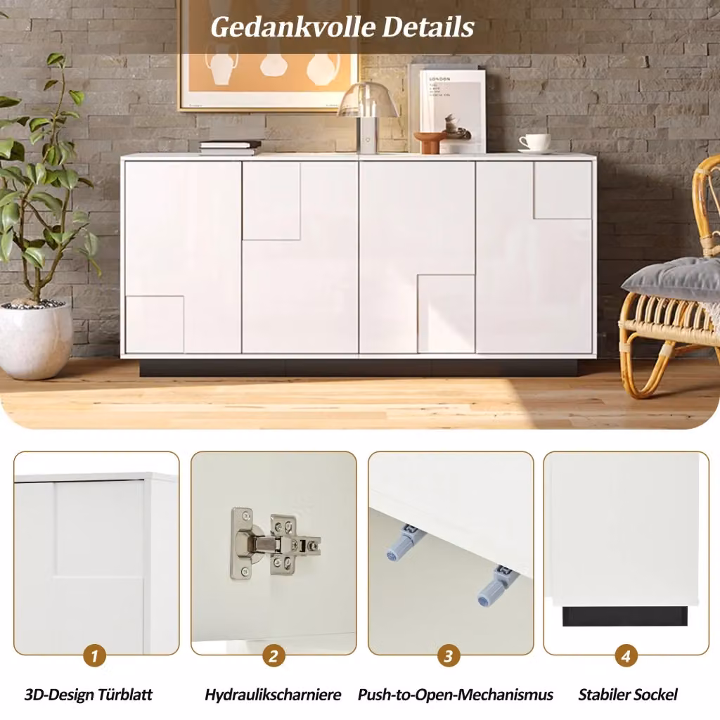 Sideboard REDOM in stile scandinavo con 4 ante, finitura bianco lucido e nero, L: 160 cm, P: 37 cm, H: 75,5 cm – 2