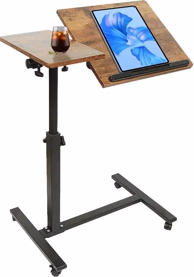 Tavolino laterale - Tavolo regolabile in altezza per laptop - Tavolo mobile per computer con rotelle - Pieghevole - Rettangolare - Marrone