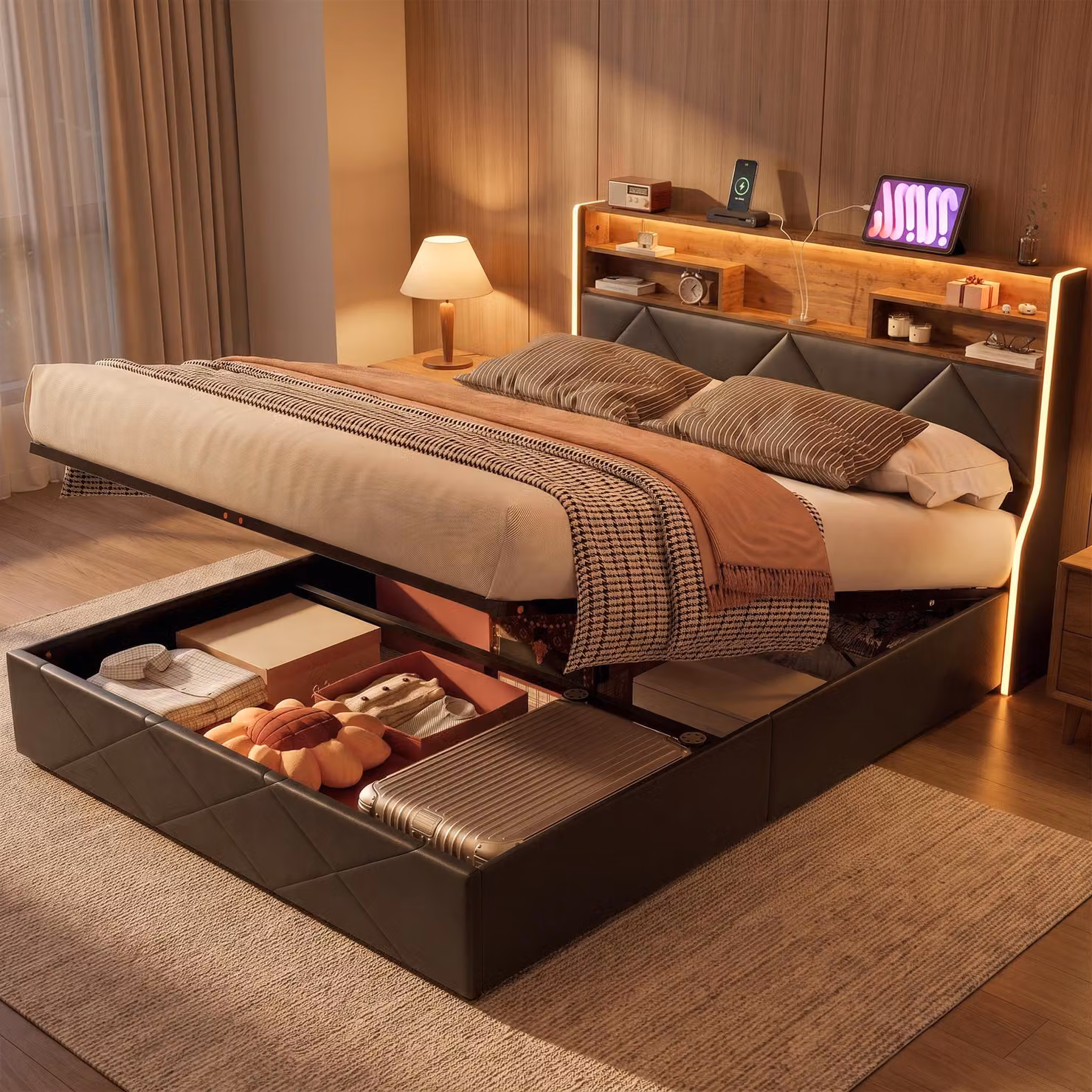 Letto con boxspring INONEFT, imbottito, 140x200 cm, con LED e USB, letto con sistema di sollevamento idraulico e contenitore, struttura letto con rete a doghe/contenitore, in PU, colore nero