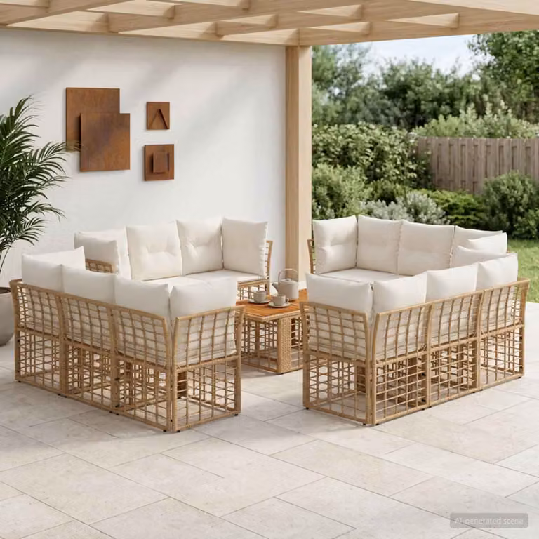 Set Divano da Giardino vidaXL 13 Pezzi in Polyrattan con Cuscini, Colore Naturale e Bianco Crema